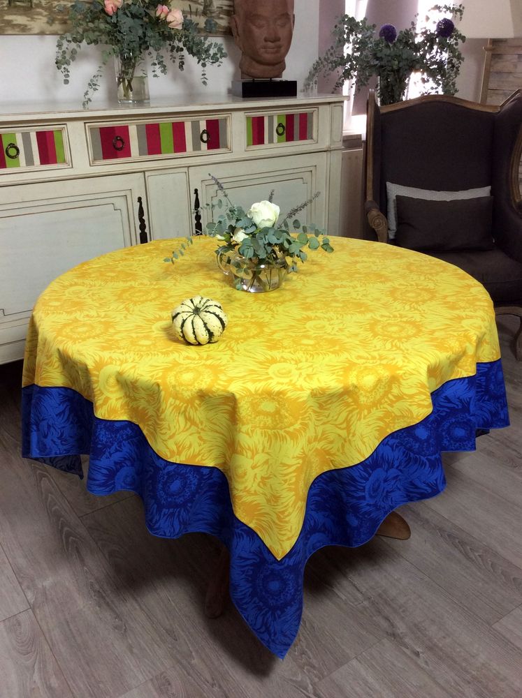 Nappe provençale Tournesol, jaune-bleu, carrée, 150x150 cm, 100% coton