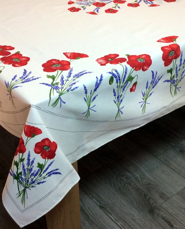 Nappe provençale Bouquets de lavande, fond écru, rect-ovale 160x250 cm,  100% coton ou 100% coton enduit