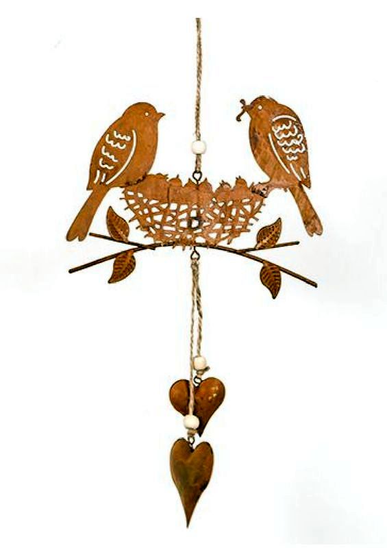 Guirlande coeur, Couple d'oiseaux sur le nid, plat, métal rouillé, 18x25 cm