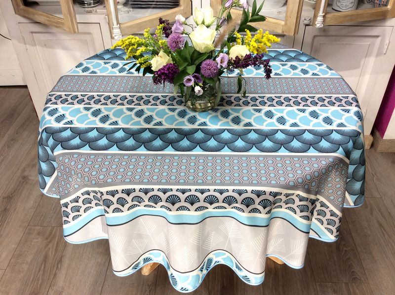 Nappe Éventails, turquoise-gris ou bleu-jaune, ronde Ø160 cm, 100