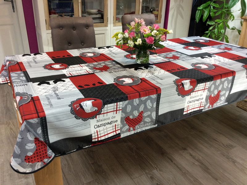 Nappe Auberge, carreaux campagne, poules, noir, rouge, gris, rectangulaire,  100% polyester anti-taches