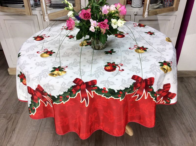 Nappe Boules de Noël, cloches et guirlande, blanc-rouge, ronde Ø 160 cm,  100% polyester anti-taches