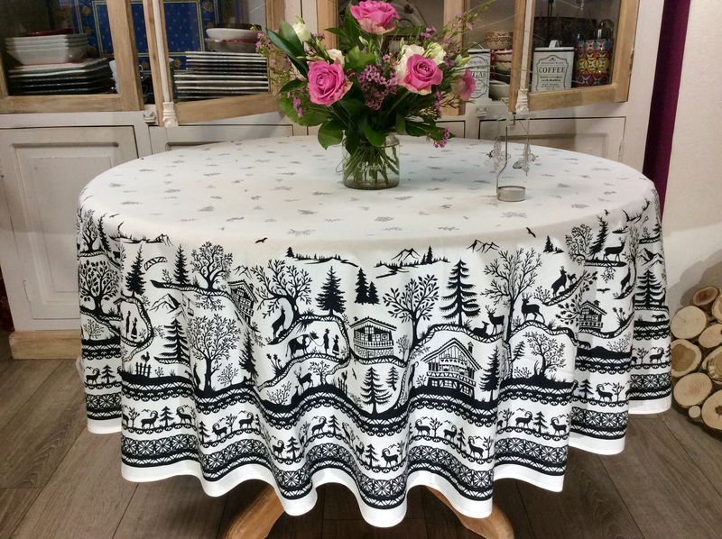 Nappe de fêtes ronde en coton enduit Jura blanc et noir - laboutiquedelea