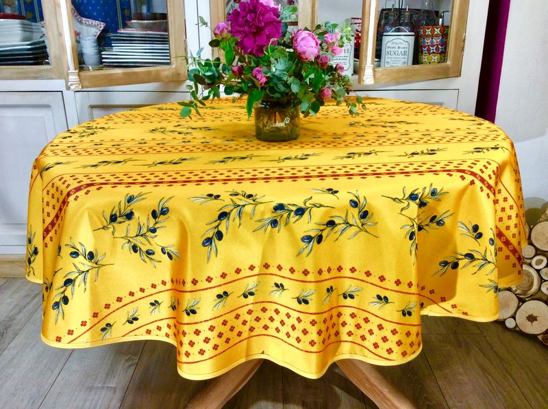 Nappe provençale, Rameaux d'olives, jaune, ronde Ø 160 cm, 100