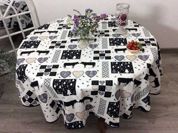 Nappe Vaches anthracite sur fond blanc, ronde Ø 180 cm,, 100% coton Bachette
