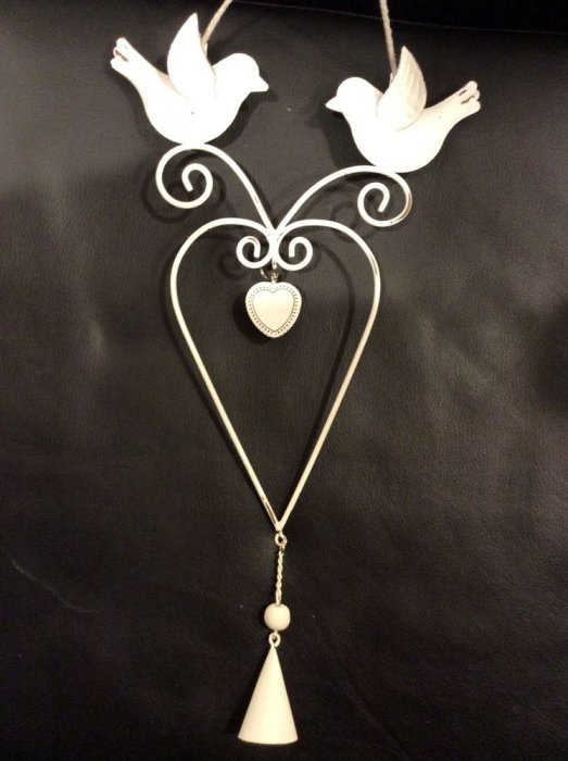 Guirlande coeur, oiseaux et clochette, plat, 11x24 cm, métal blanc