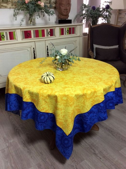 Nappe provençale Tournesol, jaune-bleu, carrée, 150x150 cm, 100% coton 