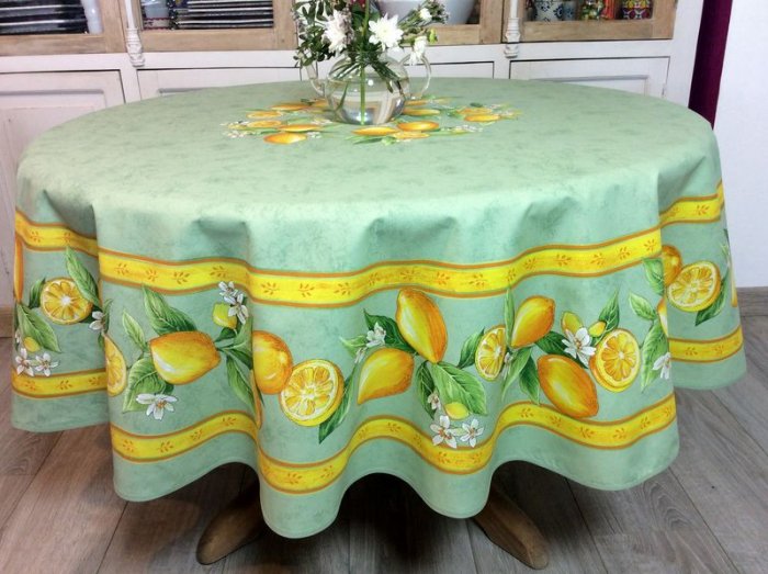 Nappe provençale Citrons sur fond vert, bleu ou blanc ronde Ø180 cm, 100% coton et 100% coton enduit anti-taches