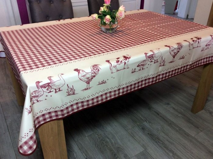 Nappe Coqs, oies, lapins et vaches, Vichy rouge-écru, rectangulaire 150x240 cm 100% polyester anti-taches