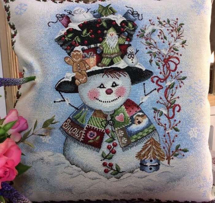 Housse de coussin hivernale, Bonhomme de neige, bleu-beige, carrée 45x45 cm, polycoton jacquard