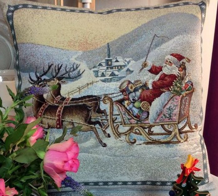 Housse de coussin, Père Noël sur son traîneau, bleu-blanc, carrée 45x45 cm, polycoton jacquard