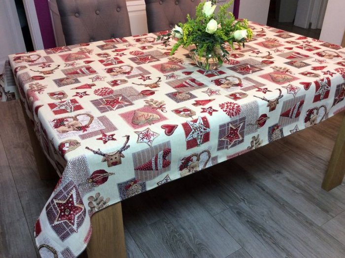 Nappe de Noël, Kraft Lurex, coeurs, étoiles, moufles, rennes, sur fond beige, rectangulaire, polycoton jacquard