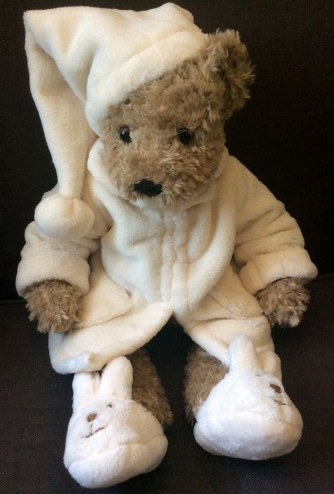 Peluche ourson, peignoir, pantoufles et bonnet blancs, 38 cm, polyester