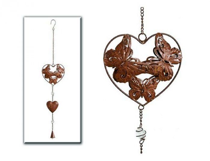 Guirlande coeur, Papillons et clochette, métal rouillé, bombé, 3x14x41 cm 