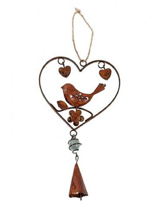 Guirlande coeur, Oiseau et clochette, plat, métal rouillé, 11x19 cm 