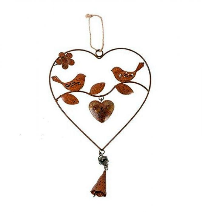 Guirlande coeur, Oiseaux et clochette, plat, métal rouillé, 19x30 cm 