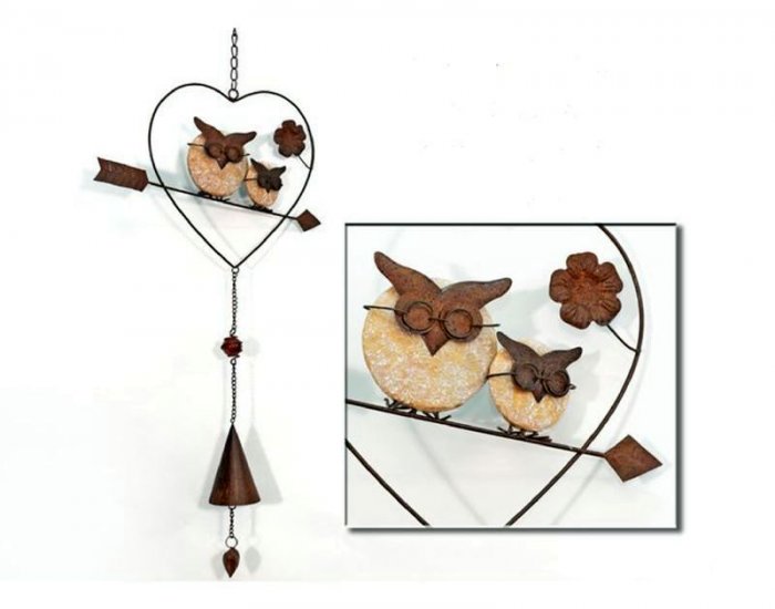 Guirlande coeur, Chouettes et clochette, plat, métal rouillé, 28x60 cm 