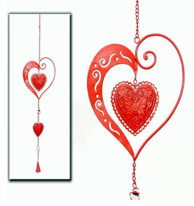 Guirlande coeur design rouge ou blanc et clochette, plat, métal, 17x45 cm 