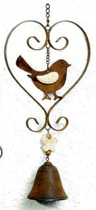 Guirlande cur, Oiseau et cloche, plat, métal rouillé, 15x33 cm 