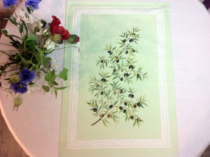 Torchon provençal, Olives, vert, rectangulaire, 50x70 cm, 100% coton 