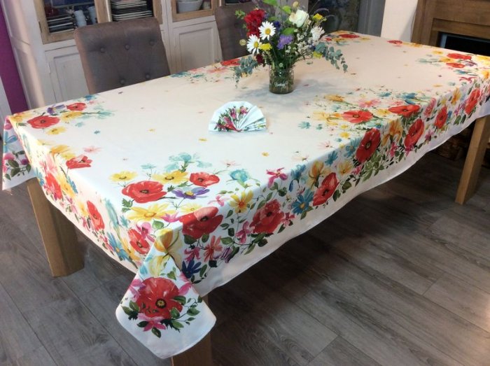 Nappe provençale Coquelicots et fleurs, écru, rectangulaire 160x250 cm, 100% coton