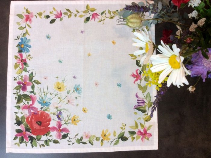 Serviette provençale, Coquelicots et fleurs, écru ou jaune, carrée 42x42 cm, 100% coton