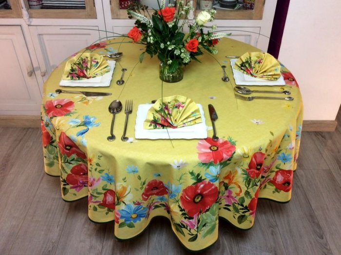 Nappe provençale Coquelicots et fleurs, jaune, ronde Ø 180 cm, 100% coton