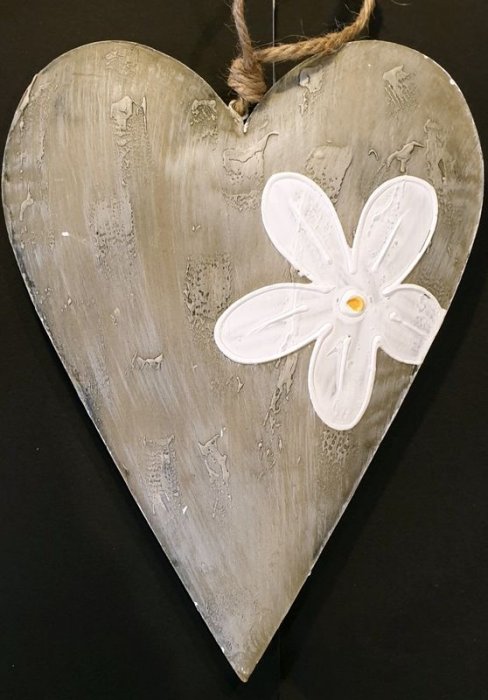 Coeur Fleur de tiare, effet design, vieilli, gris-verdâtre, métal, 20x26x2,5 cm
