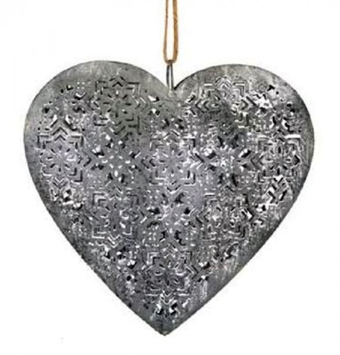 Coeur bombé et ajouré d'arabesques, gris vieilli, métal, 16x15x2,5 cm 