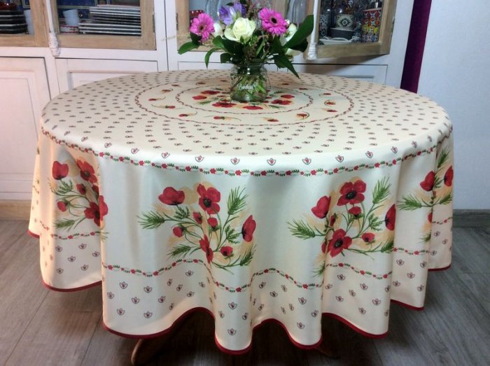 Nappe provençale Coquelicots centrée, rouge, ronde Ø 180 cm, 100% polyester anti-taches