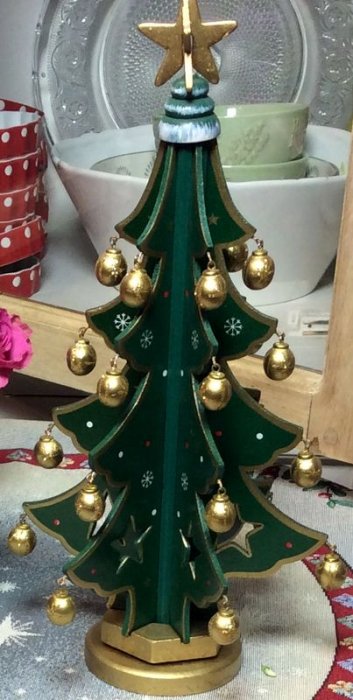 Sapin de Noël, Boules dorées, vert, base socle doré, 30x15 cm, bois