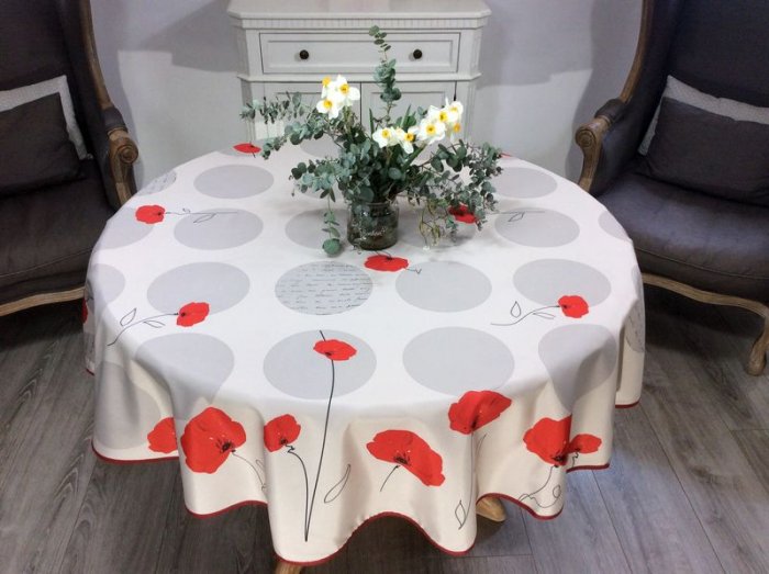 Nappe provençale Coquelicots et cercles gris, sur un fond écru, ronde Ø 160 cm, 100% polyester anti-taches