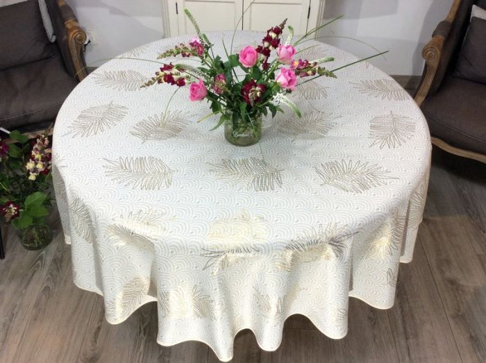 Nappe Sunny gold, feuilles dorées, arabesques, sur fond blanc, ronde, Ø180 cm, 100% polyester anti-taches