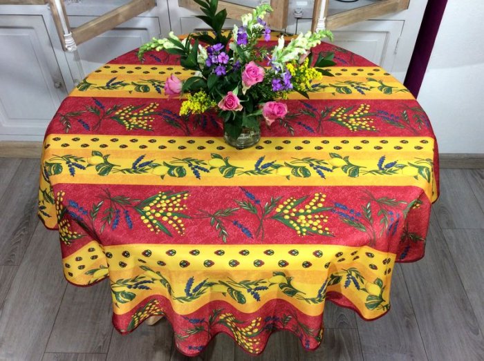 Nappe provençale Mimosa, lavande et citrons, bleu ou rouge, ronde Ø 160 cm, 100% polyester anti-taches
