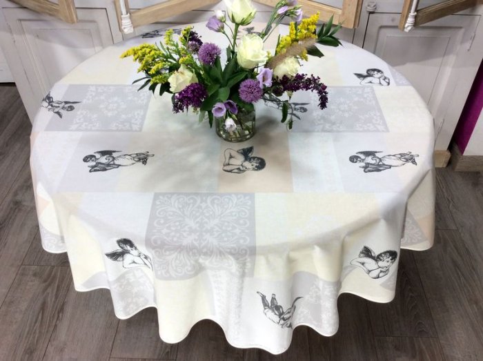 Nappe Anges, écru-gris carreaux, ronde Ø 160 cm, 100% coton