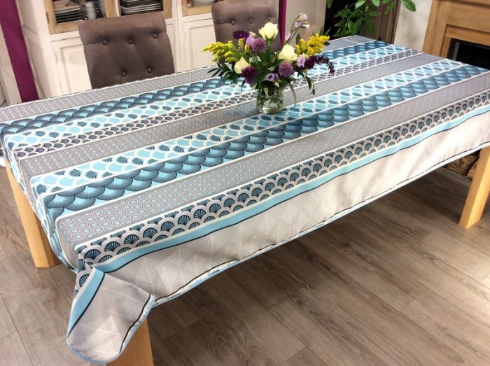 Nappe Eventails, turquoise-gris, rectangulaire, 100% polyester anti-taches