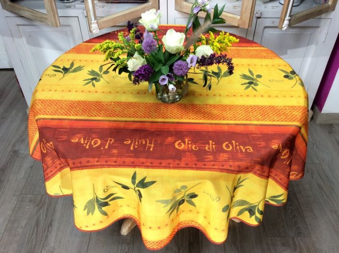 Nappe provençale Huile d'olive, orange-jaune, ronde Ø160 cm, 100% polyester anti-taches