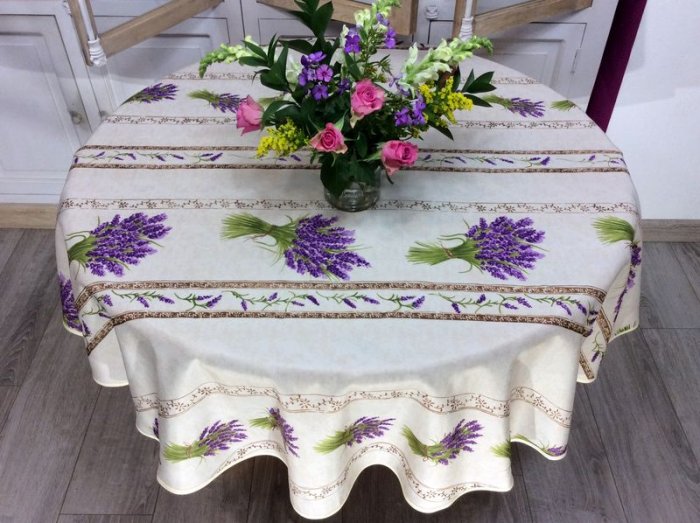 Nappe provençale Lavandou, bouquets de lavande, écru ou parme, ronde Ø160 cm , 100% polyester anti-taches