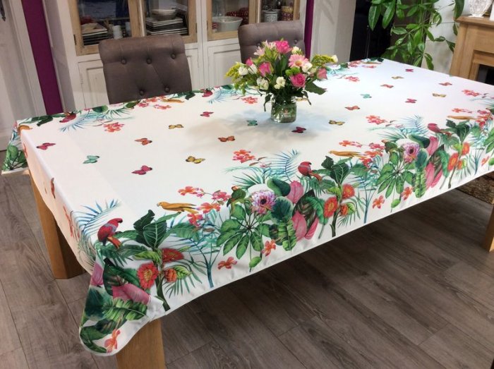  Nappe Tropical vintage, oiseaux, papillons, feuilles et fleurs multicolores, sur fond blanc, 100% polyester anti-taches