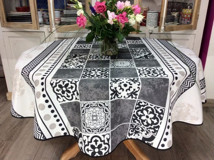 Nappe Carreaux de ciment double bordure, beige, gris et noir, ronde Ø160 cm, 100% polyester anti-taches