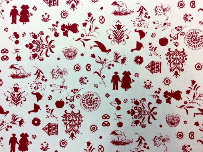 Nappe Méli-Mélo, motifs alsaciens rouge, sur un fond crème, rectangulaire, 100% coton natté