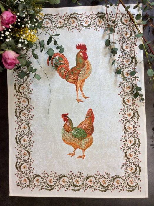 Torchon Coq et poule, sur fond écru, rectangulaire, 50x70 cm, 100% coton 