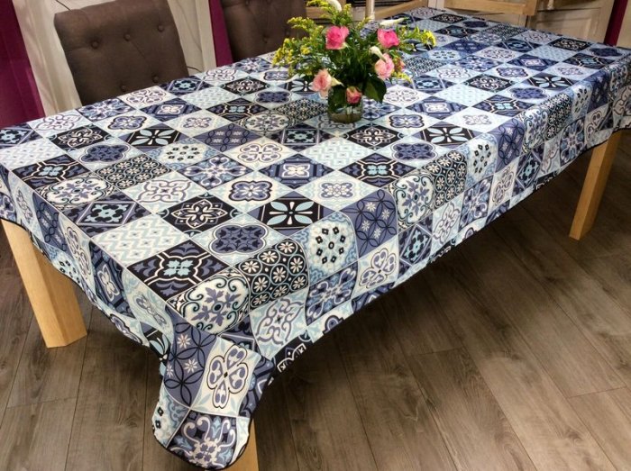 Nappe Carreaux de ciment, bleu, rectangulaire, 100% polyester anti-taches