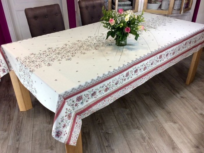 Nappe provençale Baucaire rose ou vert, bouquets de fleurs, double bordure, fond ivoire, rectangulaire, 100% coton ou coton enduit anti-taches