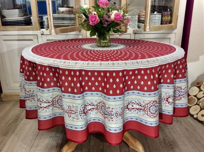 Nappe provençale Bastide, Bouquets de fleurs, centrée, rouge, bleu, bleu-blanc ou vert, ronde Ø180 cm,  100% coton et 100% coton enduit anti-taches