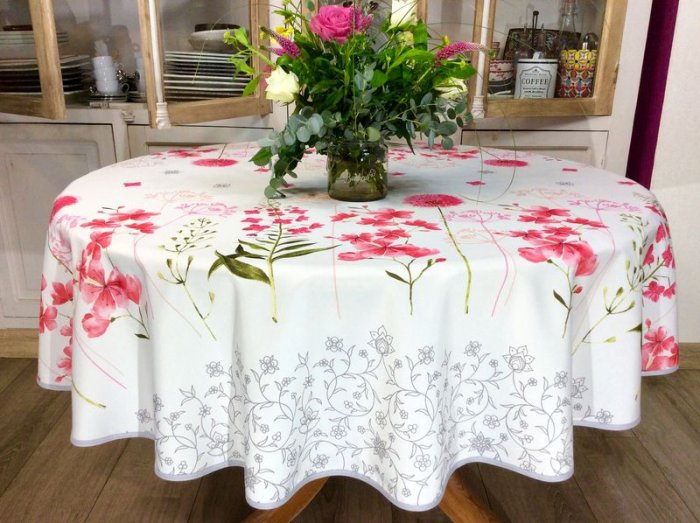Nappe Fleurs d'ail, rose ou bleu, sur fond blanc, ronde, 100% polyester anti-taches