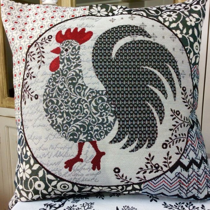 Housse de coussin, Coq Stylisé, gris, rouge, noir, carrée 45x45 cm, polycoton jacquard