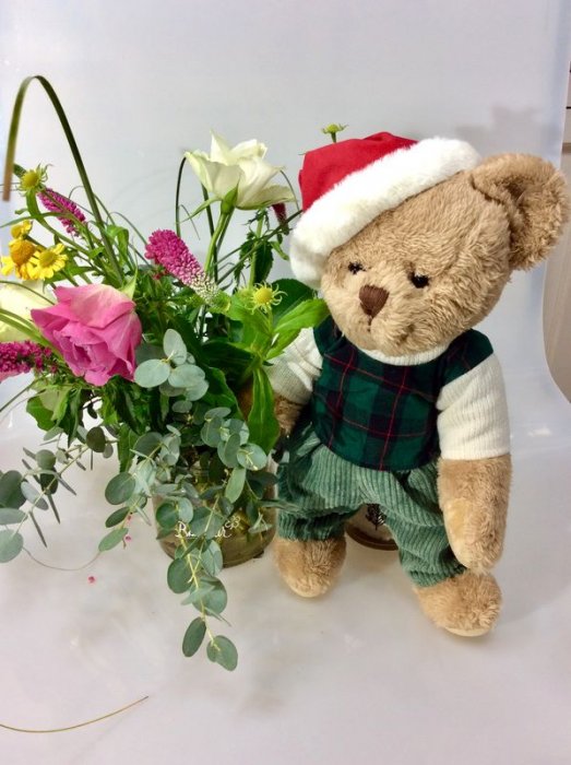 Peluche ourson, bonnet rouge de Noël, pullover à carreaux bleu marine, pantalon vert, polyester 33 cm
