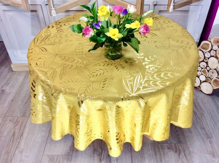 Nappe Feuilles dorées, jaune ou blanc ou bleu émauraude, ronde Ø180 cm, 100% polyester anti-taches