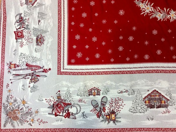 Nappe Montagne, Savoie, chalets, sapins, édelweiss, rouge, centrée, carrée 145x145 cm, polycoton jacquard 